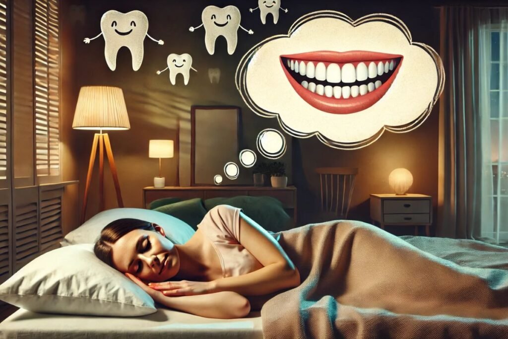 Mulher dormindo em um quarto aconchegante enquanto sonha com dentes flutuando, ilustrando de forma suave o tema "sonhar com dente caindo".